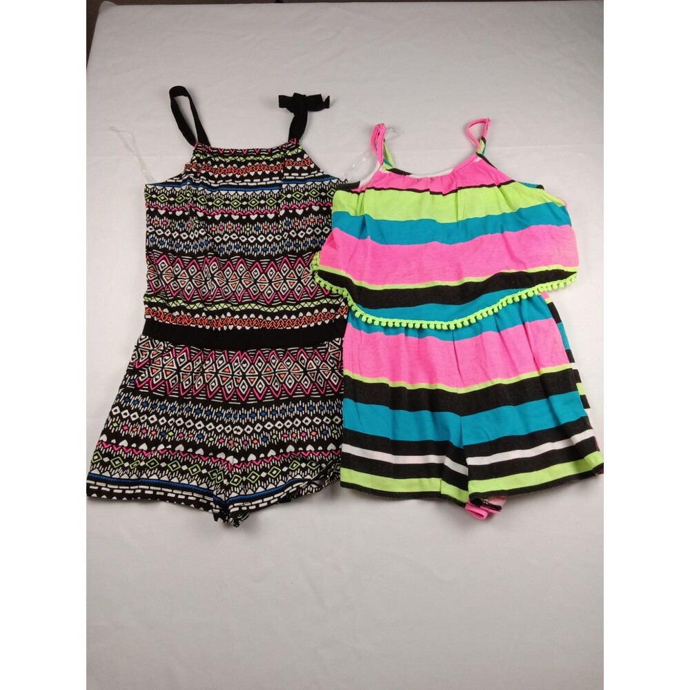 : Lot of 2 Girls Summer Rompers Size S 7/8 Total Girl Neon Stripes Geometric...